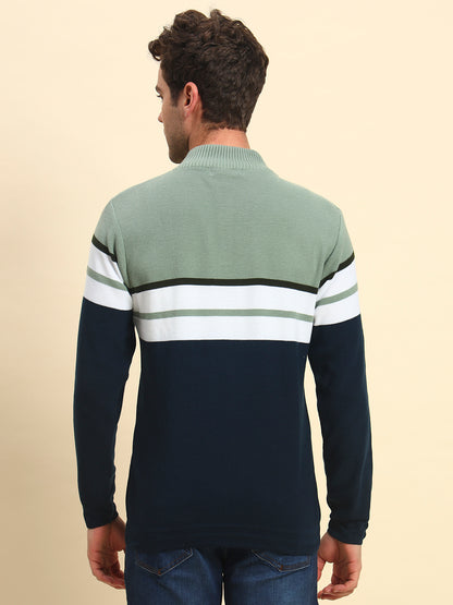 Sweater for Men | Winter Wear Acrylic Fabric Button Closure Mock Neck Regular Fit Striped Pattern