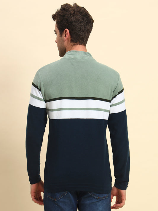Sweater for Men | Winter Wear Acrylic Fabric Button Closure Mock Neck Regular Fit Striped Pattern
