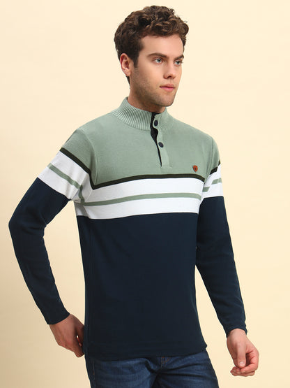 Sweater for Men | Winter Wear Acrylic Fabric Button Closure Mock Neck Regular Fit Striped Pattern