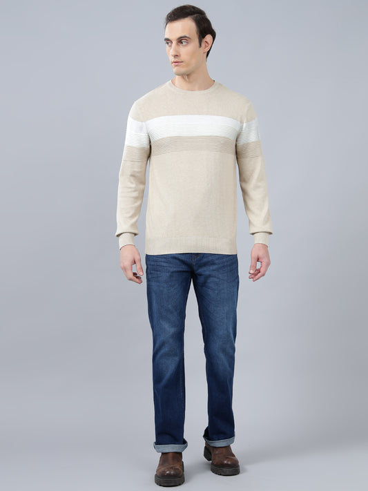 Men's Beige Striped Full Sleeve Sweater