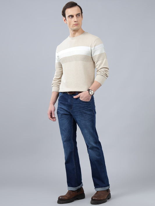 Men's Beige Striped Full Sleeve Sweater