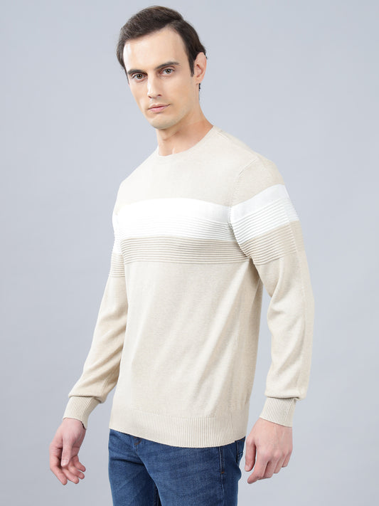 Men's Beige Striped Full Sleeve Sweater