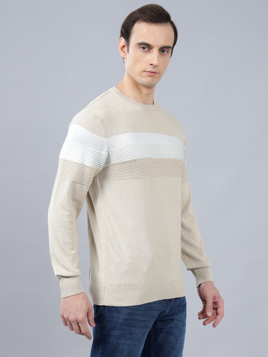 Men's Beige Striped Full Sleeve Sweater