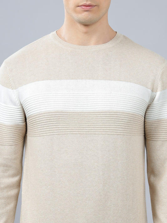 Men's Beige Striped Full Sleeve Sweater