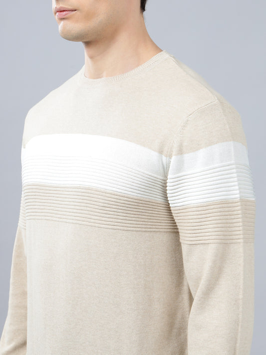 Men's Beige Striped Full Sleeve Sweater