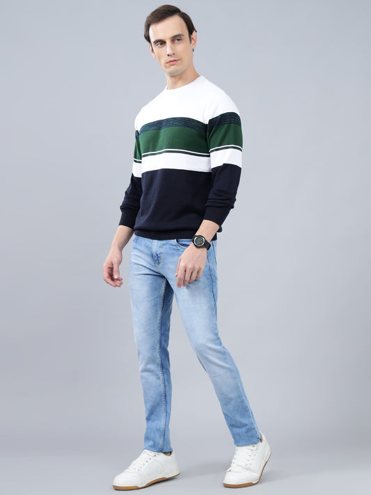 Men's Navy Blue Striped Full Sleeve Sweater