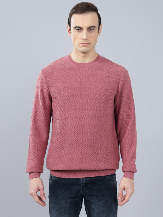 Men's Pink Self Design Full Sleeve Sweater