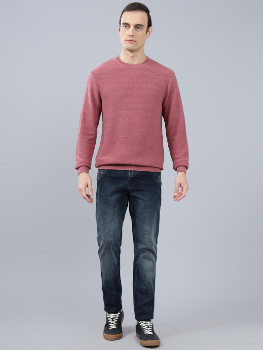 Men's Pink Self Design Full Sleeve Sweater