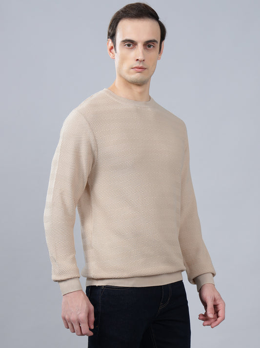 Men's Off White Self Design Full Sleeve Sweater