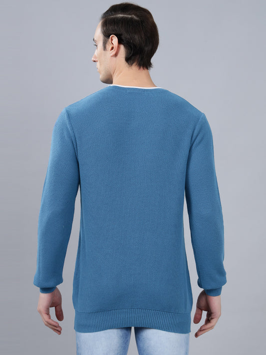 Men's Blue Self Design Full Sleeve Sweater