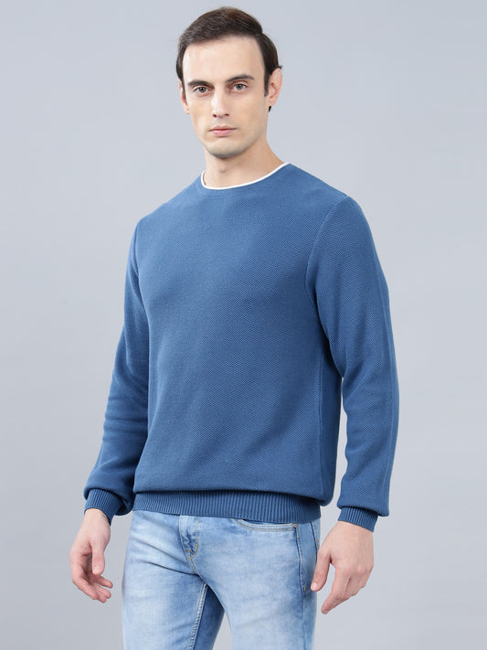 Men's Blue Self Design Full Sleeve Sweater