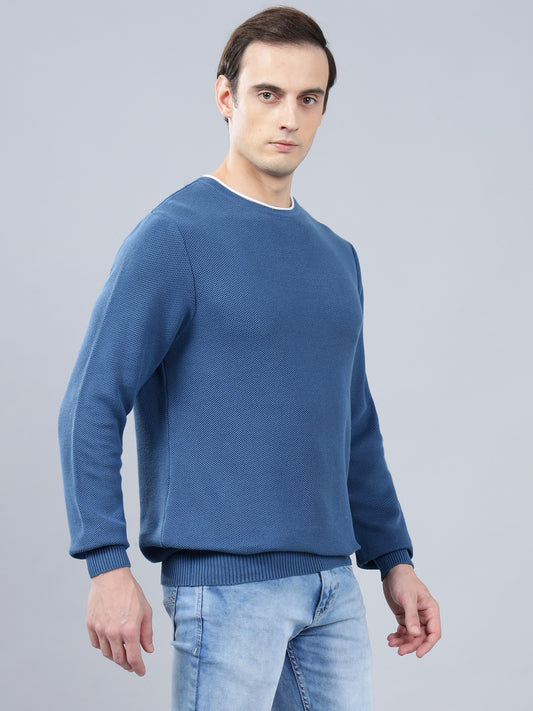 Men's Blue Self Design Full Sleeve Sweater