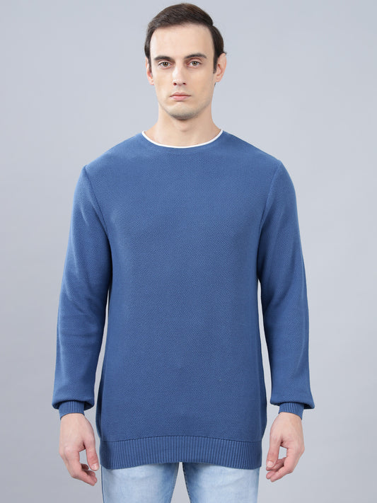 Men's Blue Self Design Full Sleeve Sweater