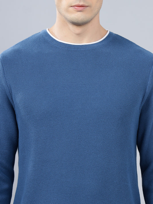 Men's Blue Self Design Full Sleeve Sweater