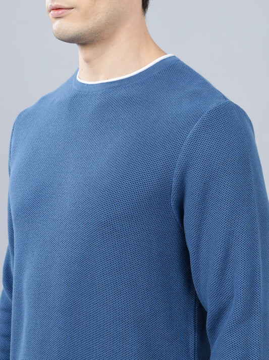 Men's Blue Self Design Full Sleeve Sweater