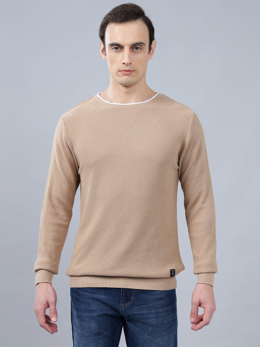 Men's Beige Self Design Full Sleeve Sweater