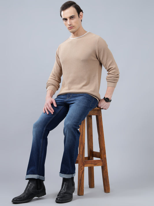 Men's Beige Self Design Full Sleeve Sweater