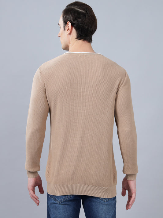 Men's Beige Self Design Full Sleeve Sweater