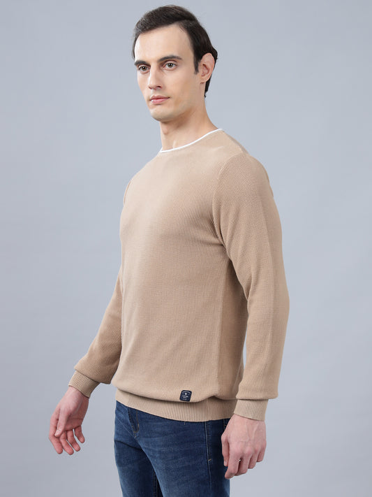 Men's Beige Self Design Full Sleeve Sweater