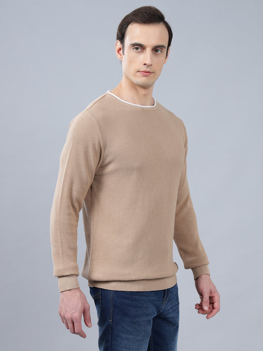 Men's Beige Self Design Full Sleeve Sweater