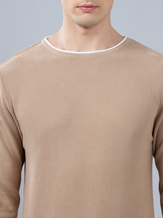 Men's Beige Self Design Full Sleeve Sweater