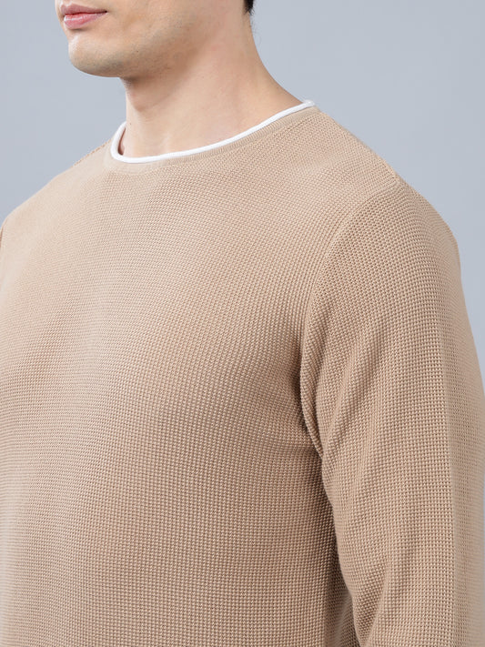 Men's Beige Self Design Full Sleeve Sweater