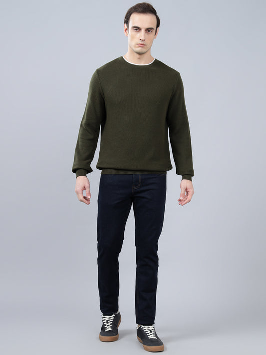 Men's Olive Green Self Design Full Sleeve Sweater