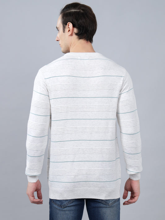 Men's Ivory  Striped Full Sleeve Sweater