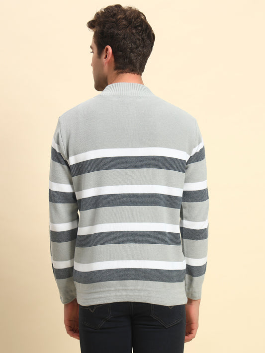 Sweater for Men | Winter Wear Poly Cotton Fabric Button Closure Mock Neck Regular Fit Striped Pattern