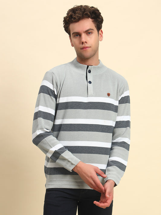 Sweater for Men | Winter Wear Poly Cotton Fabric Button Closure Mock Neck Regular Fit Striped Pattern