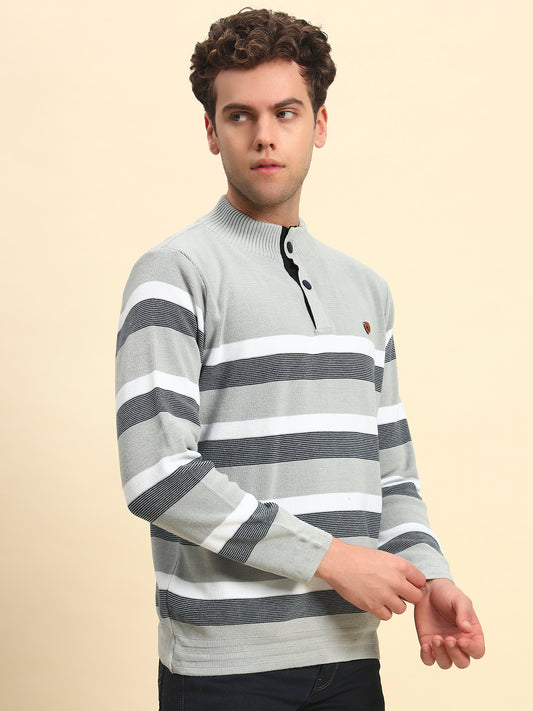 Sweater for Men | Winter Wear Poly Cotton Fabric Button Closure Mock Neck Regular Fit Striped Pattern