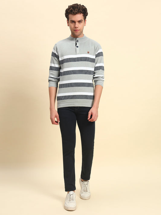 Sweater for Men | Winter Wear Poly Cotton Fabric Button Closure Mock Neck Regular Fit Striped Pattern