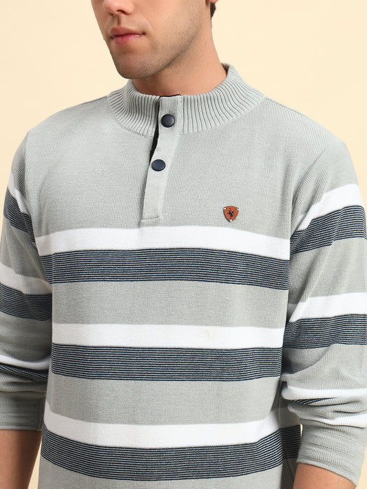 Sweater for Men | Winter Wear Poly Cotton Fabric Button Closure Mock Neck Regular Fit Striped Pattern