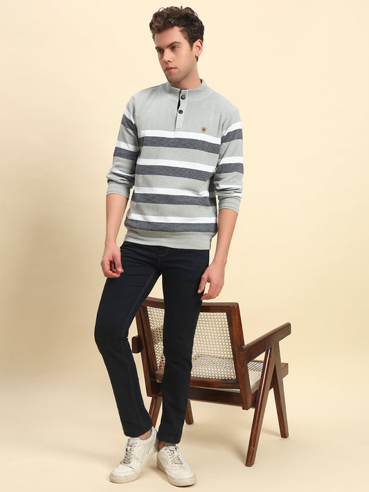 Sweater for Men | Winter Wear Poly Cotton Fabric Button Closure Mock Neck Regular Fit Striped Pattern