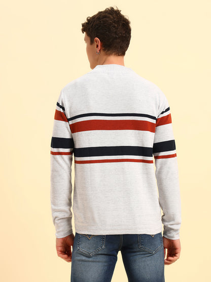 Sweater for Men | Winter Wear Acrylic Fabric Button Closure Mock Neck Regular Fit Striped Pattern