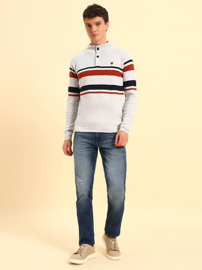 Sweater for Men | Winter Wear Acrylic Fabric Button Closure Mock Neck Regular Fit Striped Pattern
