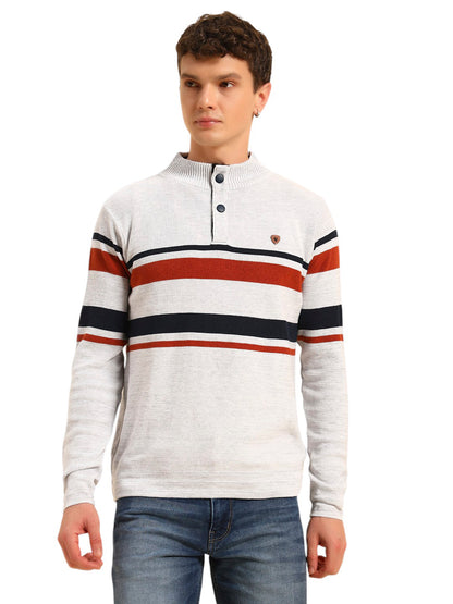 Sweater for Men | Winter Wear Acrylic Fabric Button Closure Mock Neck Regular Fit Striped Pattern