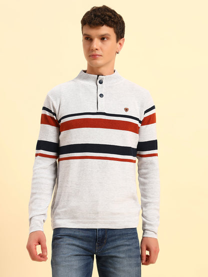 Sweater for Men | Winter Wear Acrylic Fabric Button Closure Mock Neck Regular Fit Striped Pattern