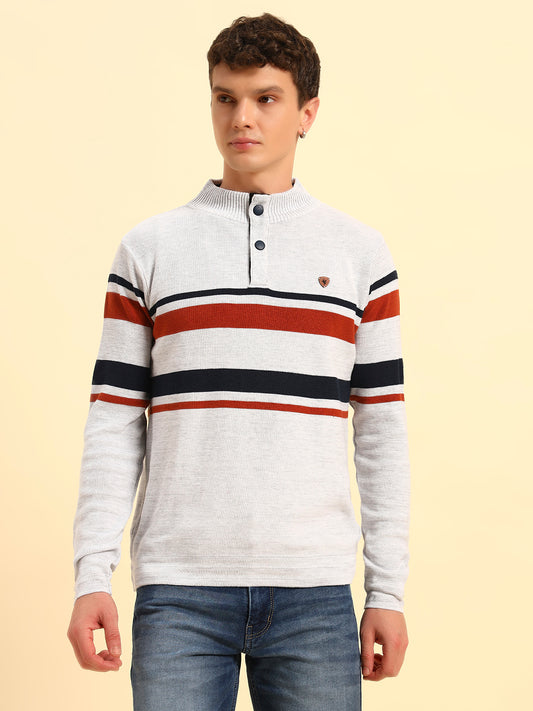 Sweater for Men | Winter Wear Acrylic Fabric Button Closure Mock Neck Regular Fit Striped Pattern