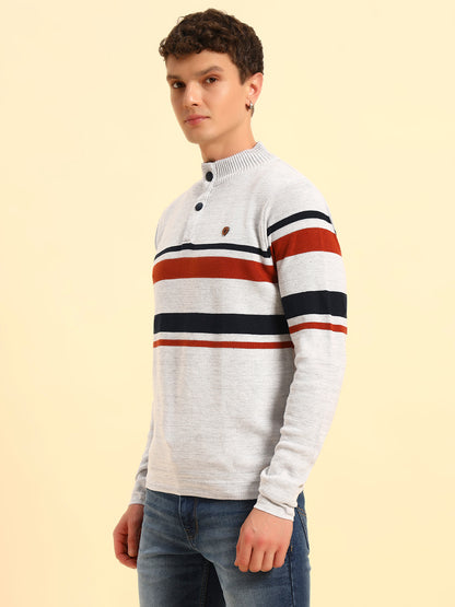 Sweater for Men | Winter Wear Acrylic Fabric Button Closure Mock Neck Regular Fit Striped Pattern