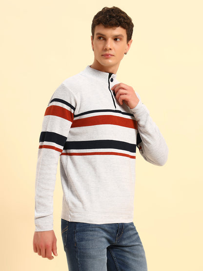 Sweater for Men | Winter Wear Acrylic Fabric Button Closure Mock Neck Regular Fit Striped Pattern