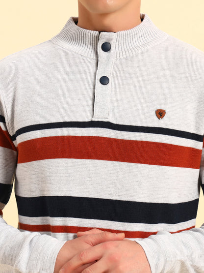 Sweater for Men | Winter Wear Acrylic Fabric Button Closure Mock Neck Regular Fit Striped Pattern