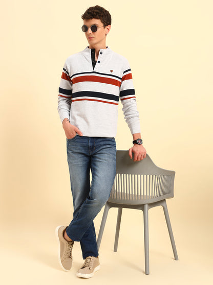 Sweater for Men | Winter Wear Acrylic Fabric Button Closure Mock Neck Regular Fit Striped Pattern