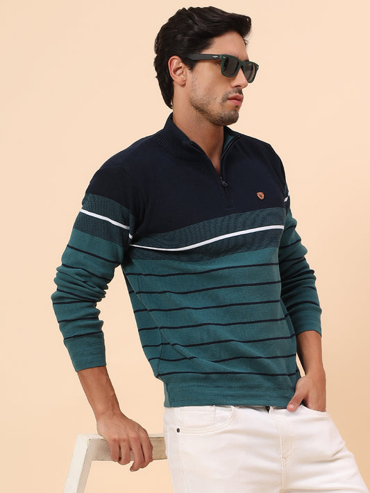 Sweater for Men | Winter Wear Polyester Fabric Zipper Closure Mock Neck Regular Fit Striped Pattern