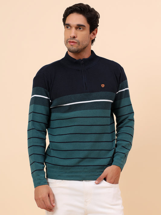 Sweater for Men | Winter Wear Polyester Fabric Zipper Closure Mock Neck Regular Fit Striped Pattern