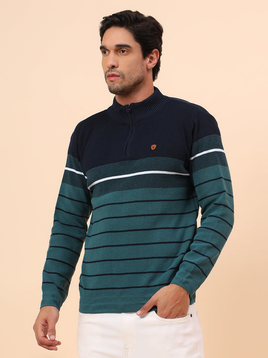 Sweater for Men | Winter Wear Polyester Fabric Zipper Closure Mock Neck Regular Fit Striped Pattern