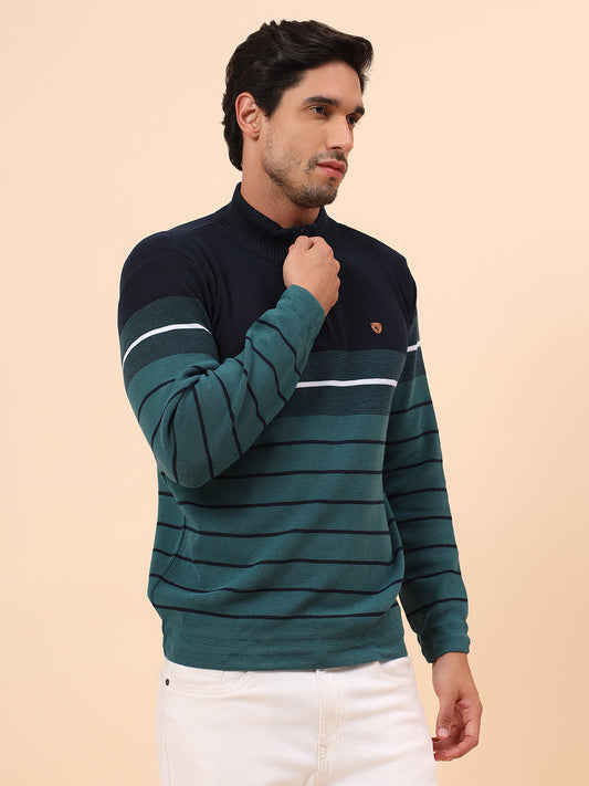 Sweater for Men | Winter Wear Polyester Fabric Zipper Closure Mock Neck Regular Fit Striped Pattern