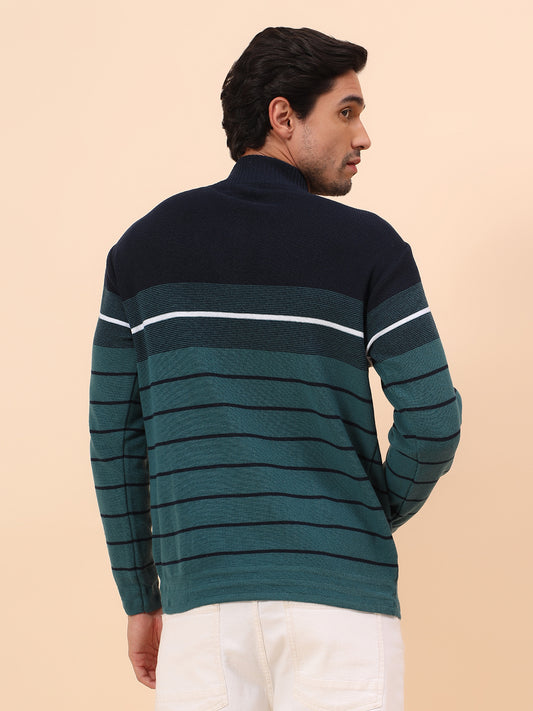 Sweater for Men | Winter Wear Polyester Fabric Zipper Closure Mock Neck Regular Fit Striped Pattern