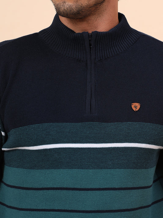 Sweater for Men | Winter Wear Polyester Fabric Zipper Closure Mock Neck Regular Fit Striped Pattern