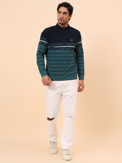 Sweater for Men | Winter Wear Polyester Fabric Zipper Closure Mock Neck Regular Fit Striped Pattern